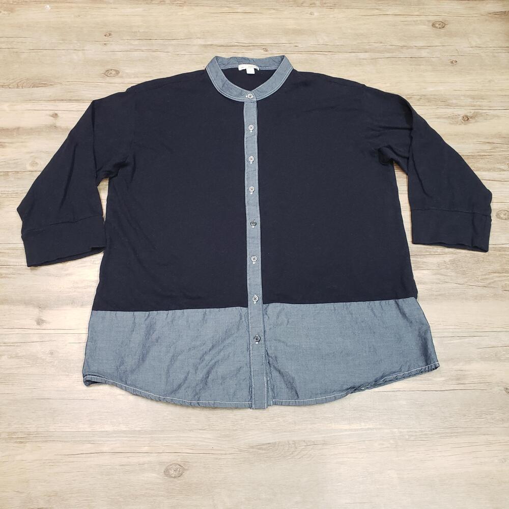 Gap Shirt Womens Large Blue Colorblock 3/4 Sleeve Button Tunic Chambray Top